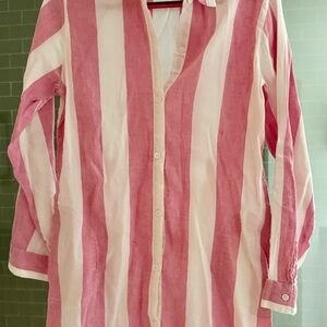 Tommy Bahama Pink and White Linen Blend Breezy Beach Coverup Shirt